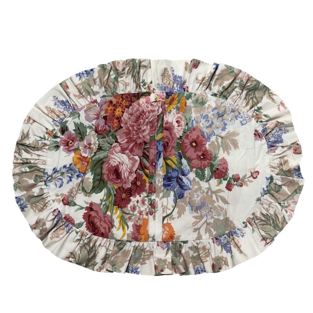 Vtg Floral Oval Ruffle Pillow Cover 18"x12" English Country Chintz Cottagecore